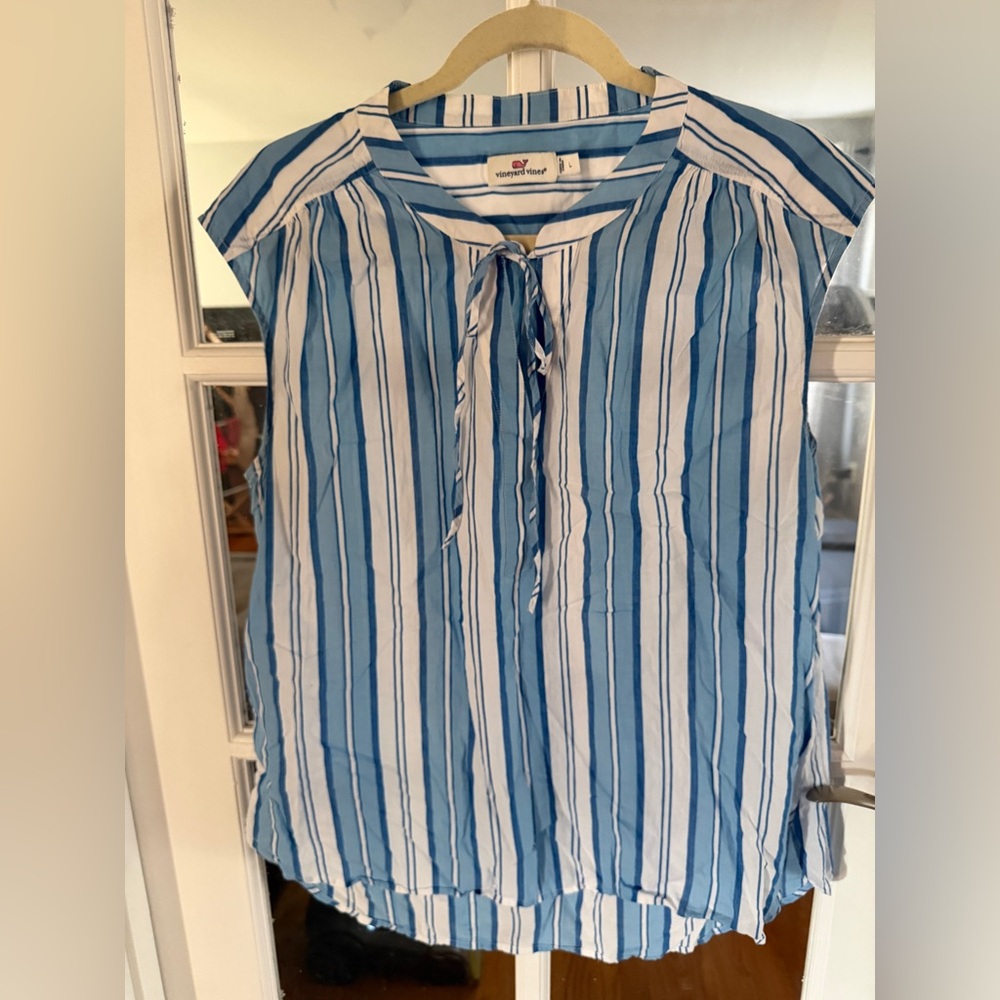 Vineyard Vines Blue & White Tie-Front Blouse